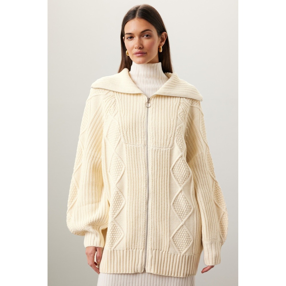 WeWoreWhat Chunky Cable Knit Sweater Zip Up Cardigan XXS XS Ivory Coastal - Picture 4 of 12